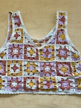 Loveriche Knit Granny Square Patchwork Crop Top Hippie Boho Festival M/L